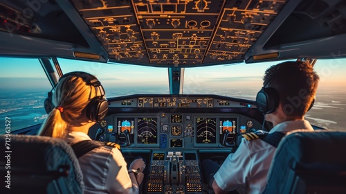 Pilot and copilot in the airplane cockpit, AI generated Image photo