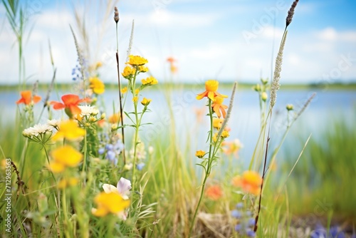 colorful wildflowers blooming along a marsh edge © primopiano