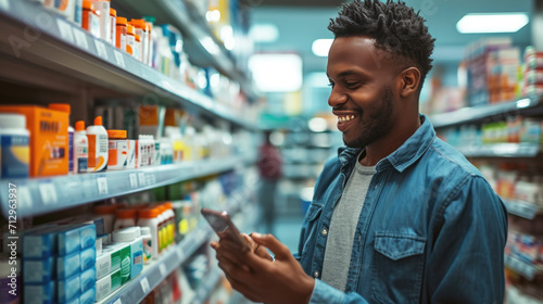 Young man holding a smartphone  standing in a pharmacy aisle