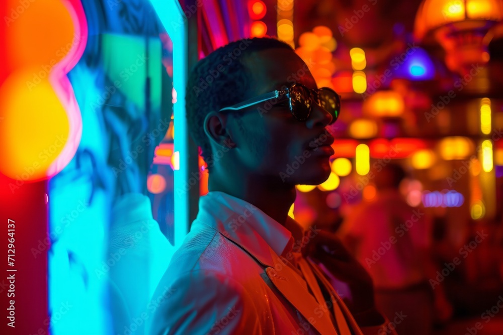 Stylish man in sunglasses at a neon-lit club