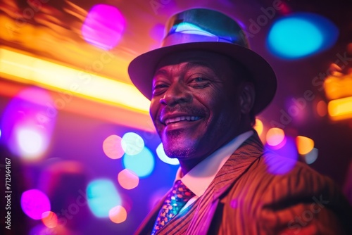 Stylish senior man with hat and sunglasses smiling in front of colorful bokeh lights background.