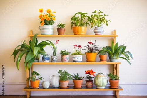 various potted indoor plants on tiered shelves