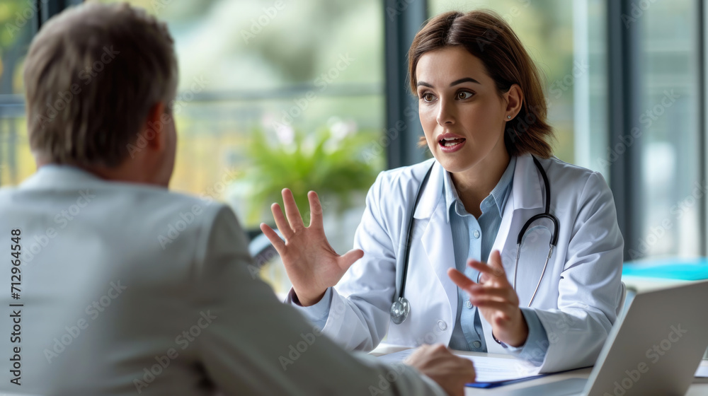 Female doctor with a stethoscope around her neck is having a conversation with a male patient in a medical office setting. Female doctor with a stethoscope around her neck is having a conversation with a male patient in a medical office setting.