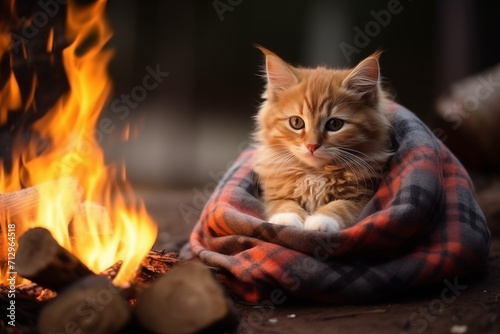 A cute domestic ginger cat is resting in a wrapped woolen blanket near the fire. Blurred background. Bonfire. Outdoor adventure. Fluffy cat taken on a hike. Fluffy cat in the forest