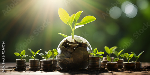 Hands are watering growing plants on coins amid blurred green nature background,a small plant is growing in a glass container in the dirt,Small Plant Thriving in Glass Container Oasis  photo