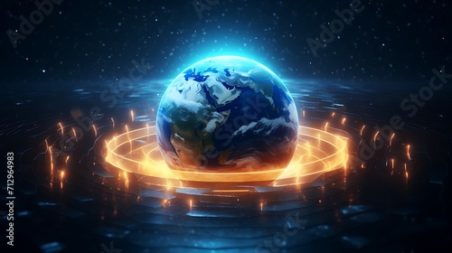 Planet earth hologram surrounded by glowing
