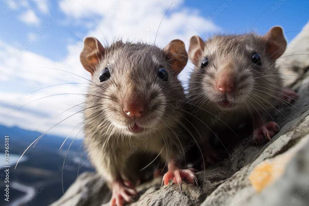 Two tourist rats climb a mountain. Adventure humor. Pet travelers. Mouse traveler. Tourism, travel, hiking with animals. Copy space. Rock climbing. Close-up. Freedom. Small land mammal Two tourist rats climb a mountain. Adventure humor. Pet travelers. Mouse traveler. Tourism, travel, hiking with animals. Copy space. Rock climbing. Close-up. Freedom. Small land mammal