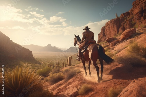Lone cowboy horseback riding. Lonely and mature rider surveys sandy wastelands. Generate AI