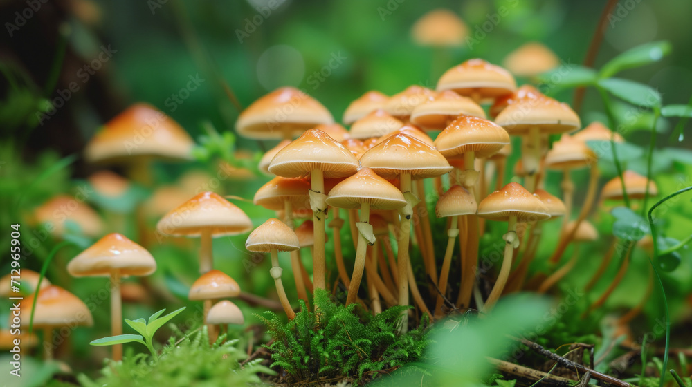 Fototapeta premium Natural mushrooms growing, psilocybin, fungi, shrooms, treatment, therapy, medicine, toadstools, magic, natural, brown, white