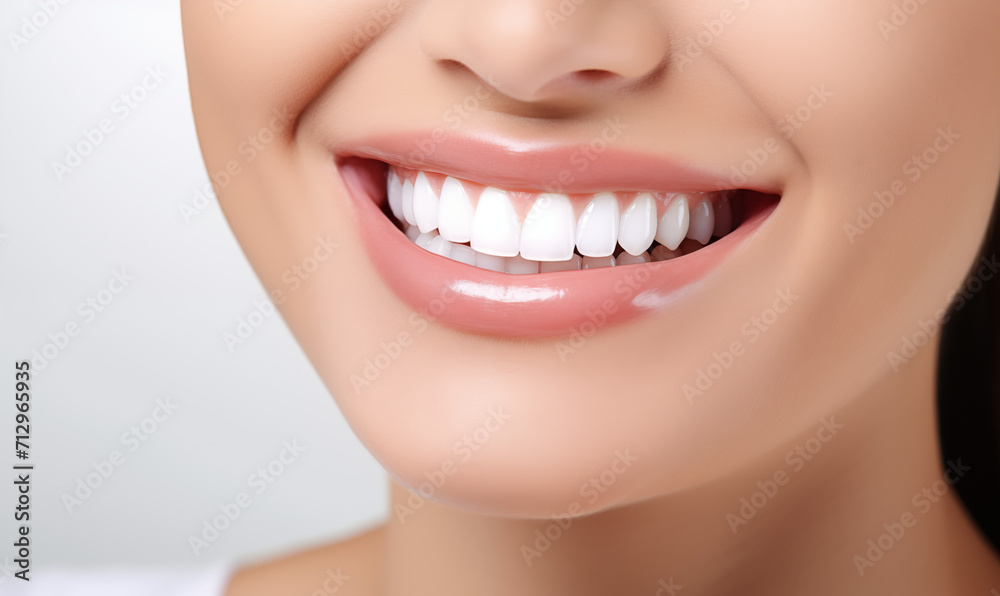 Idealny uśmiech zdrowych zębów młodej kobiety. Wybielanie zębów. Pacjentka kliniki stomatologicznej. Stomatologia. Białe tło. Ujęcie samej jamy ustnej - obrazy, fototapety, plakaty 