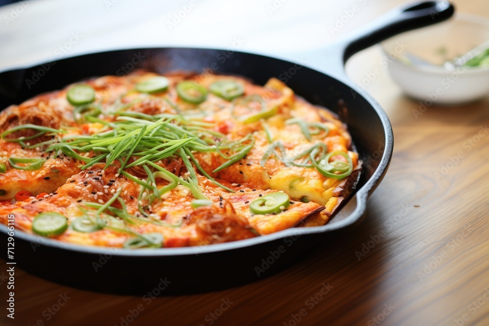 kimchi pancake on a cast iron skillet with green onions kimchi pancake on a cast iron skillet with green onions