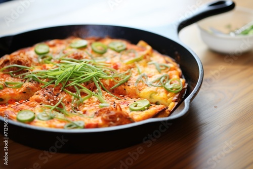 kimchi pancake on a cast iron skillet with green onions