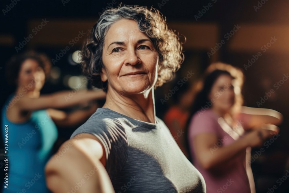 Middle aged women enjoying dance. Mature and happy lady with grey shirt. Generate AI Middle aged women enjoying dance. Mature and happy lady with grey shirt. Generate AI