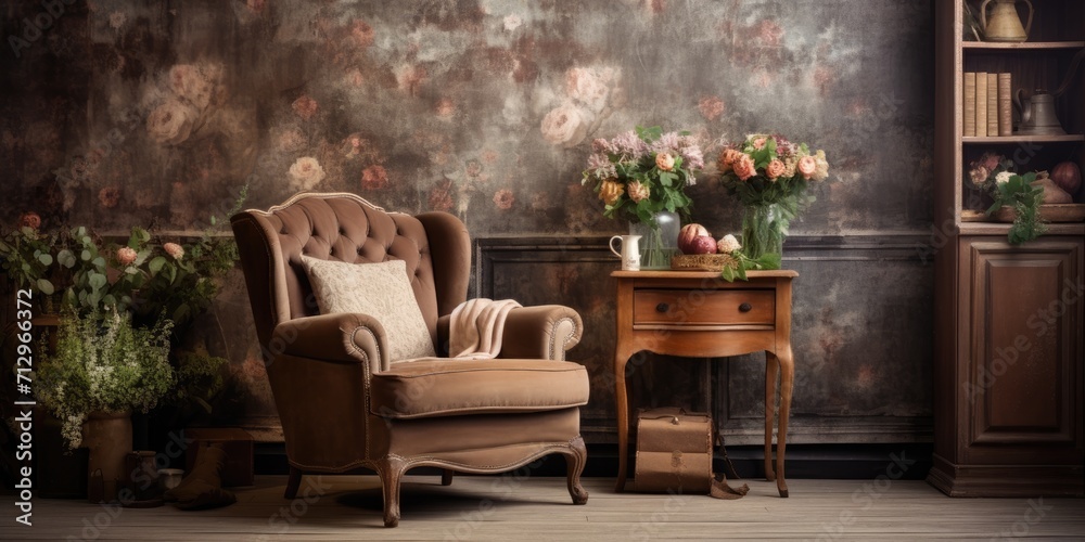 Old-fashioned rustic interior design featuring a vintage room with wallpaper and an armchair.