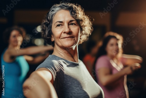 Middle aged women enjoying dance. Mature and happy lady with grey shirt. Generate AI
