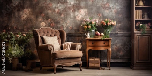 Old-fashioned rustic interior design featuring a vintage room with wallpaper and an armchair. © Sona