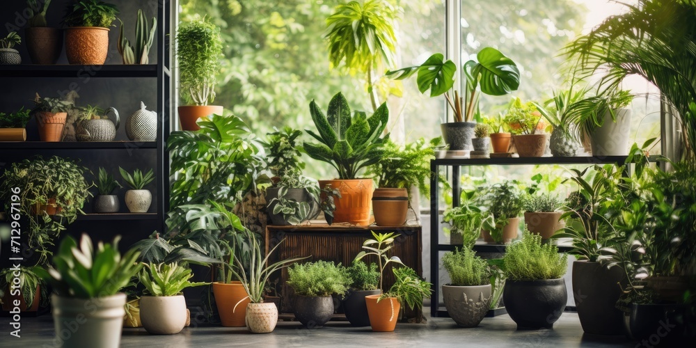 Home gardening: A stylish indoor garden with various beautiful plants in unique pots, creating a home jungle.
