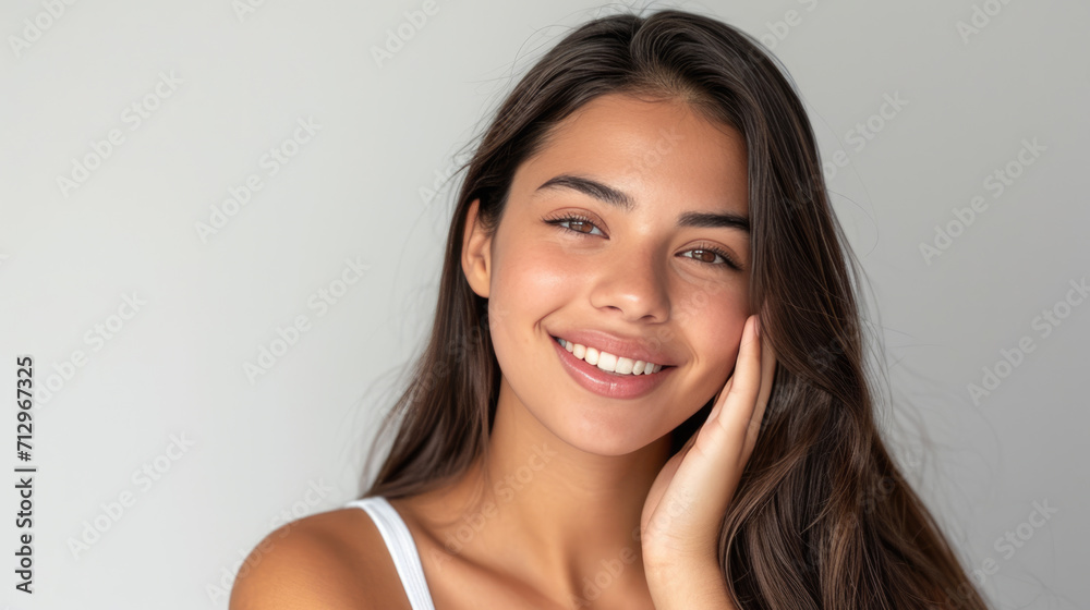 Smiling woman with a hand gently touching her face, displaying clear skin and a joyful expression. Smiling woman with a hand gently touching her face, displaying clear skin and a joyful expression.