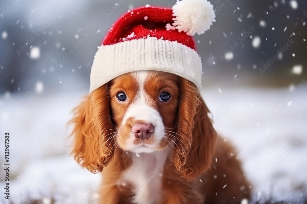 Cute Dog Spaniel Wearing a Red Santa Hat Sitting Outdoors in a Park. Snow Falling. Christmas Pet Concepts. Ginger Puppy is Waiting for Winter Holiday. Cute Curious English Cocker Spaniel