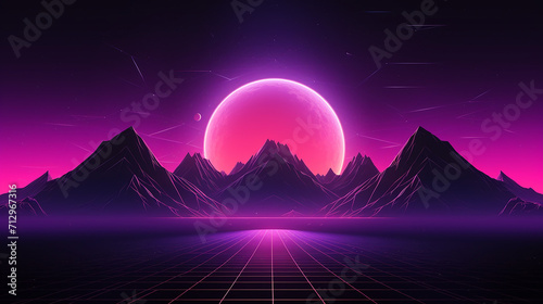 80s style sci fi purple background with sunset behind