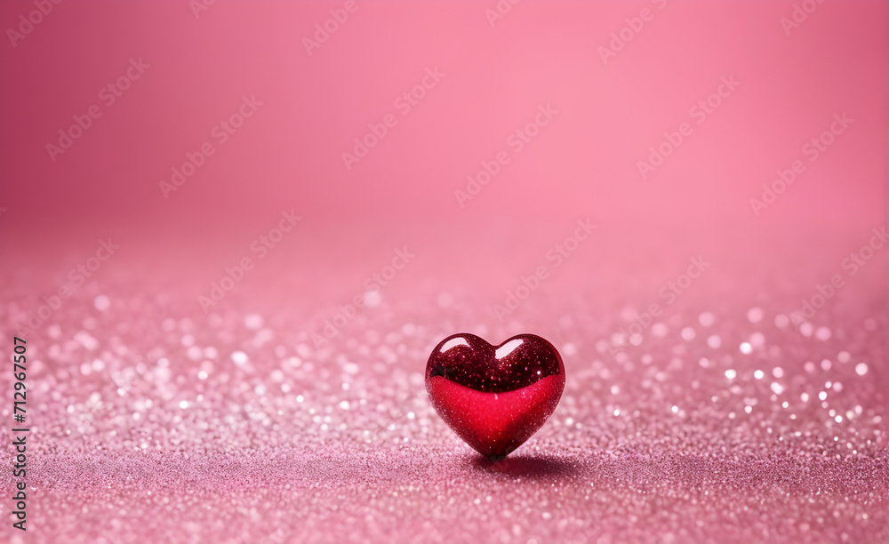 Fototapeta premium A small red heart on a sparkling soft pink background. Generative AI