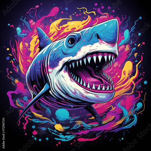 t-shirt print  retrowave shark with teeth  vivid colors  detaile