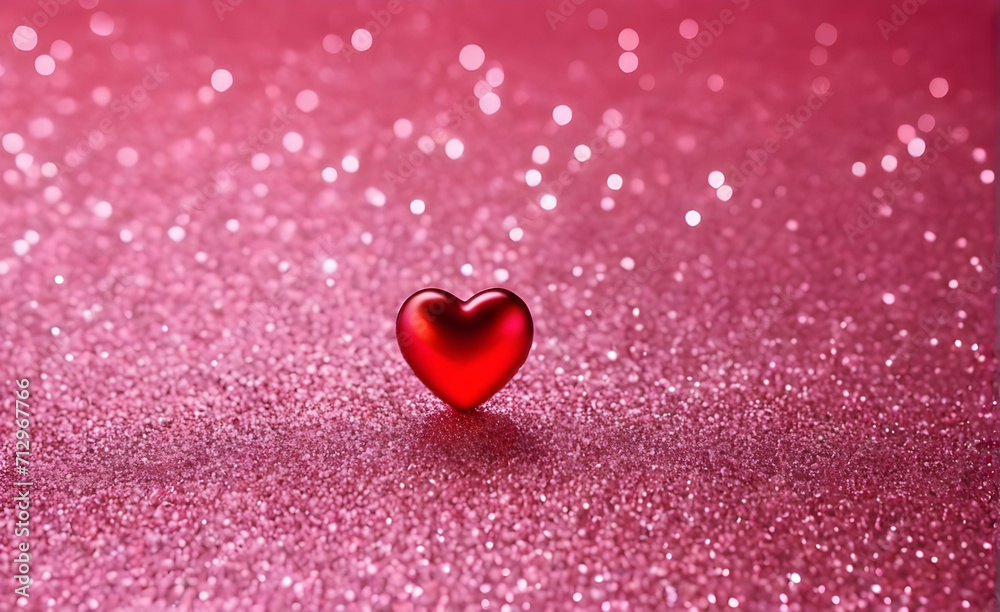 Fototapeta premium A small red heart on a sparkling soft pink background. Generative AI