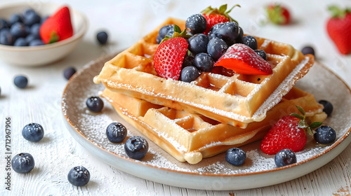 Viennese waffles with blueberries and wild strawberries on a plate. photo