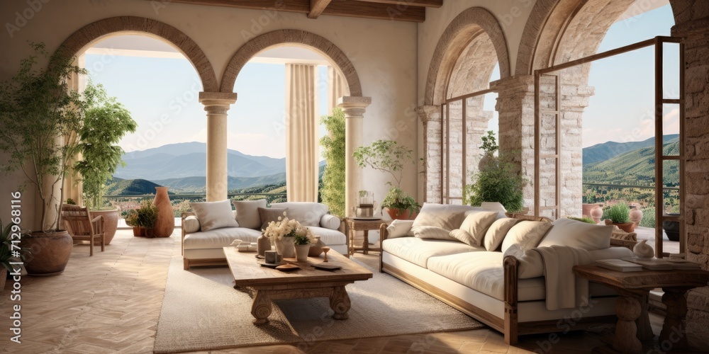 Italian styled countryside villa living room interior.