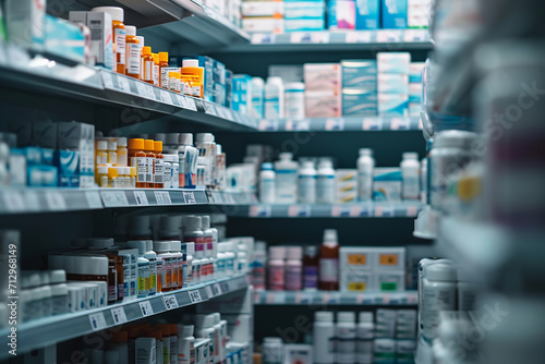 Wallpaper Mural Closeup, pharmacy and medicine with healthcare, pills and shelf with boxes, bottles and treatment. Zoom, medication and package with container, retail and store with pharmaceutical, items or products Torontodigital.ca