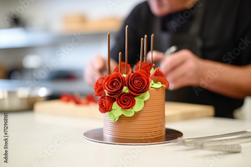 chefs hand piping rosettes on chocolate cake photo