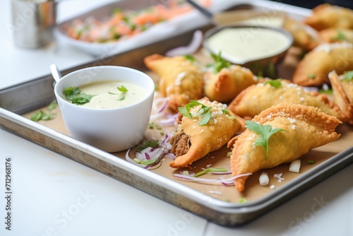 cheese and meat empanadas on a baking sheet with dipping sauce