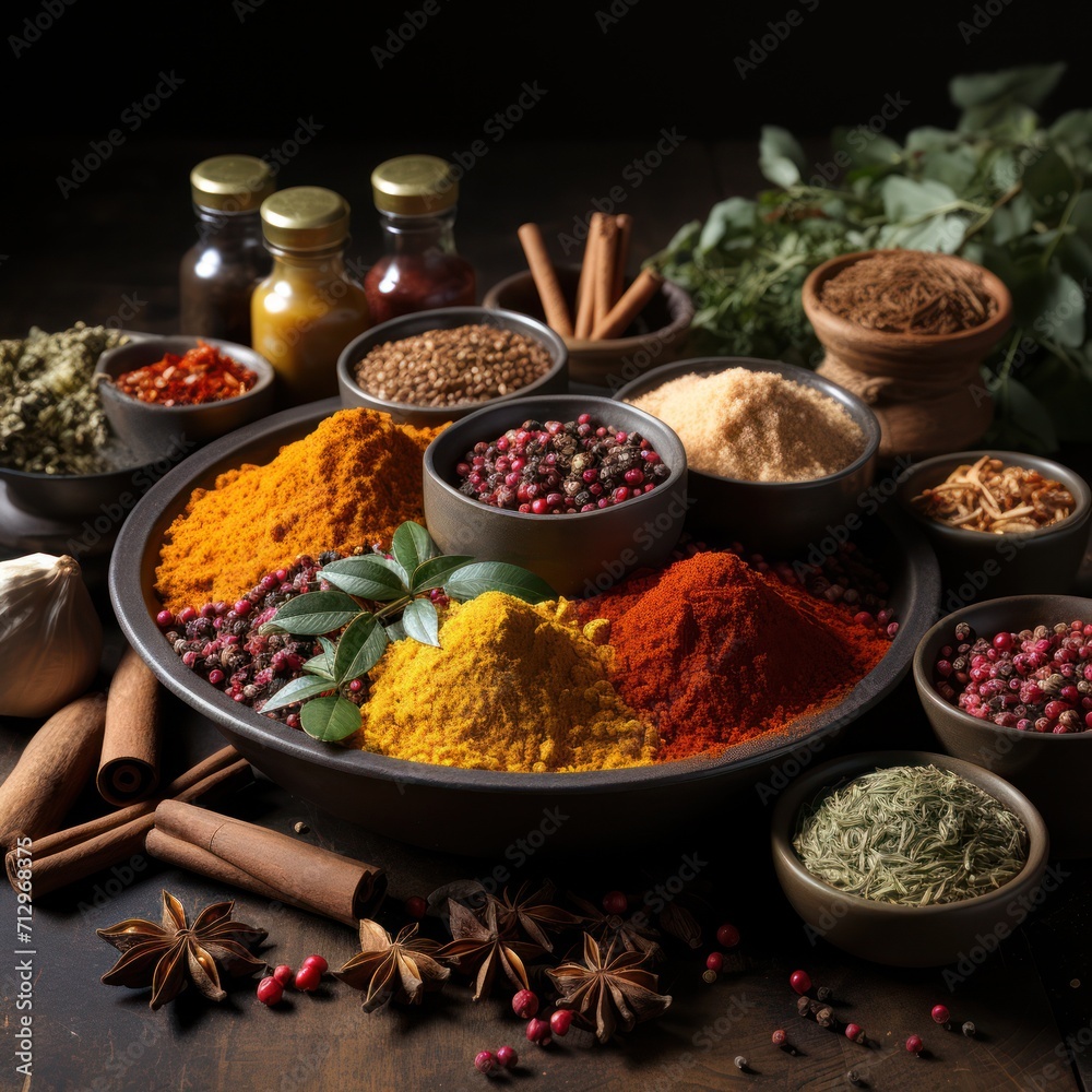 several types of spices in a black bowl on a textured concrete background