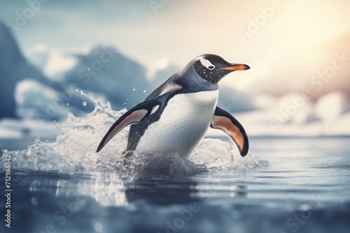 Penguin sliding ice. Oceanic polar bird creature in cold marine water. Generate ai