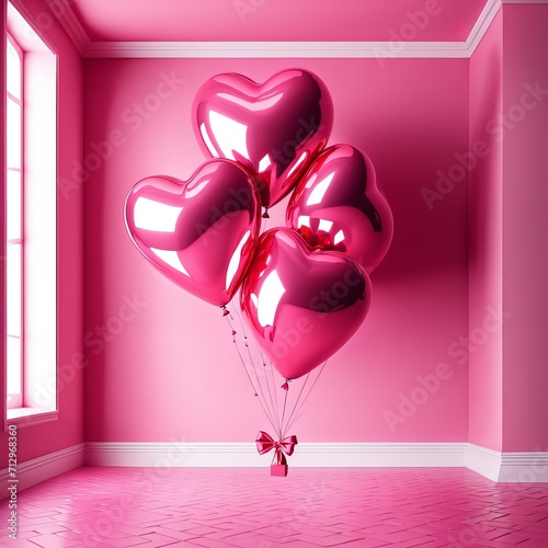 Pink Heart balloon levitated, floating in pink room, love surprise valentine gift.