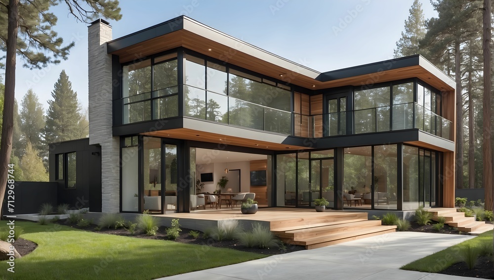 A unique and diverse home exterior, featuring a modern and sleek design with clean lines and large windows that flood the interior with natural light. generative AI