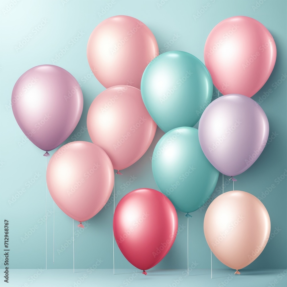Set of round helium balloons in soft pastel colors, Festive decorative element in realistic 3d design. Decor for Valentine's day, wedding and birthday