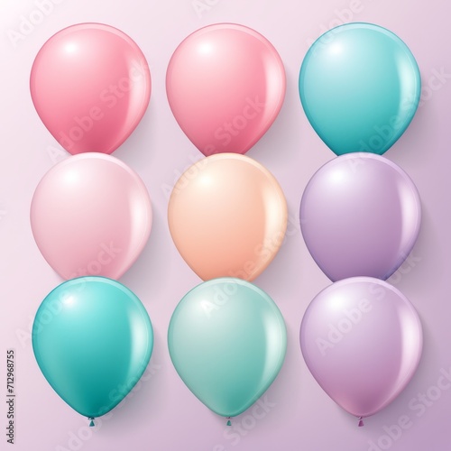 Set of round helium balloons in soft pastel colors, Festive decorative element in realistic 3d design. Decor for Valentine's day, wedding and birthday
