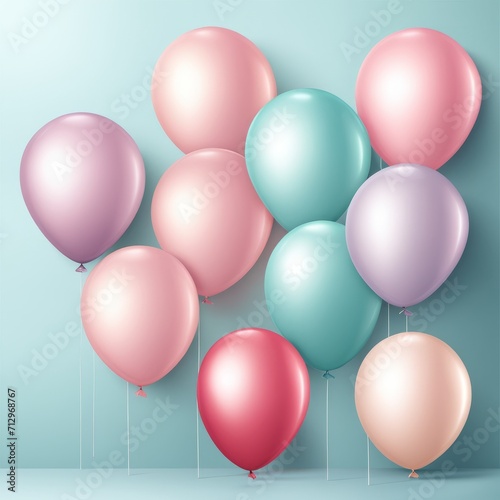 Set of round helium balloons in soft pastel colors, Festive decorative element in realistic 3d design. Decor for Valentine's day, wedding and birthday