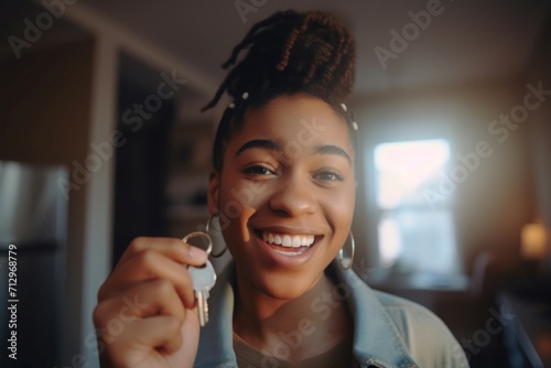 Person receives keys home. Happiness and smiling black girl with hairstyle. Generate AI