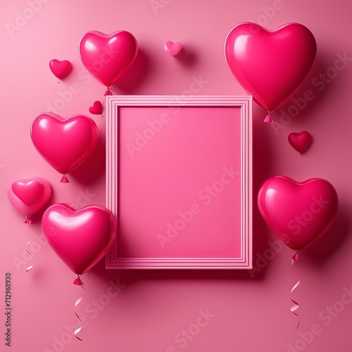 Pink Heart balloon levitated, floating on red background with empty poster.