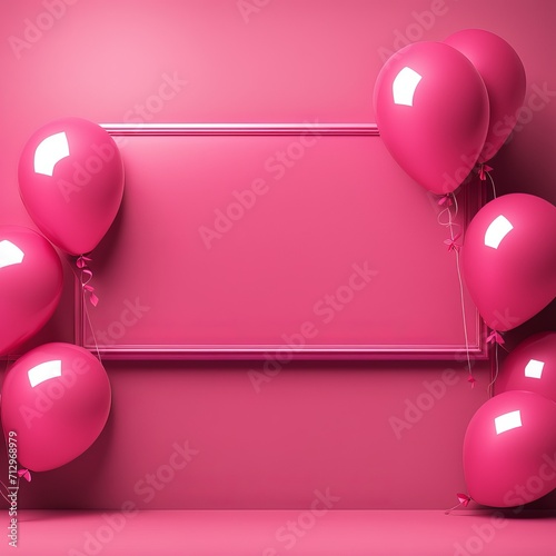 Pink Heart balloon levitated, floating on red background with empty poster.