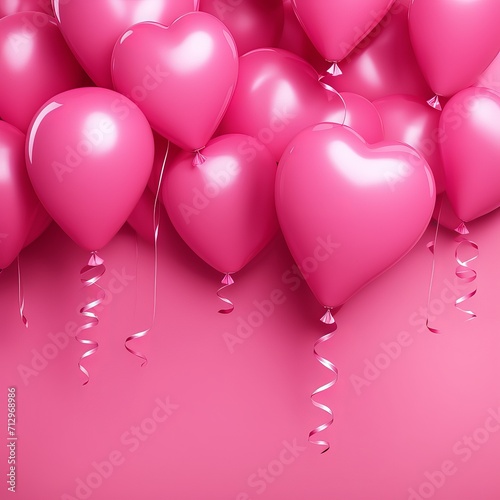 Pink Heart balloon levitated, floating on red background with empty poster.