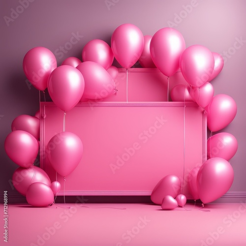 Pink Heart balloon levitated, floating on red background with empty poster.