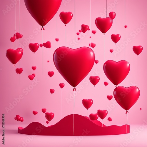 Pink Heart balloon levitated, floating on red background with empty poster.