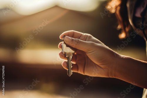 Hand with home keys. Female hand holding metallic and smaller object. Generate AI