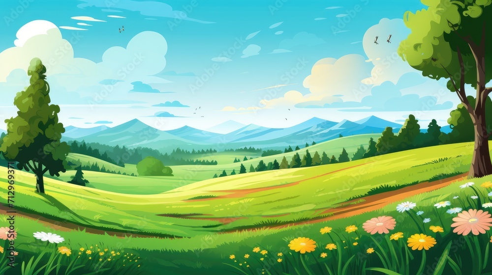 summer or spring landscape, green hills, animated storytelling illustration background for kids
