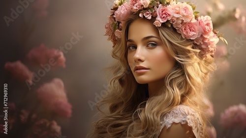 beauty of a woman adorned with a delicately crafted floral pink rose crown #712969310