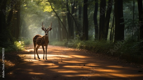 deer on pathway surrounded by dense forest trees