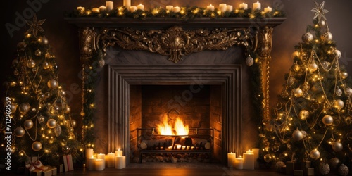 Stunning holiday decor with fireplace and fir tree.